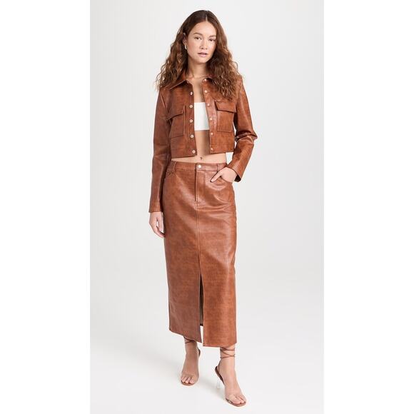 New WAYF Roberta Croc Embossed Midi Skirt in Brown Faux Leather Size L - Picture 12 of 13